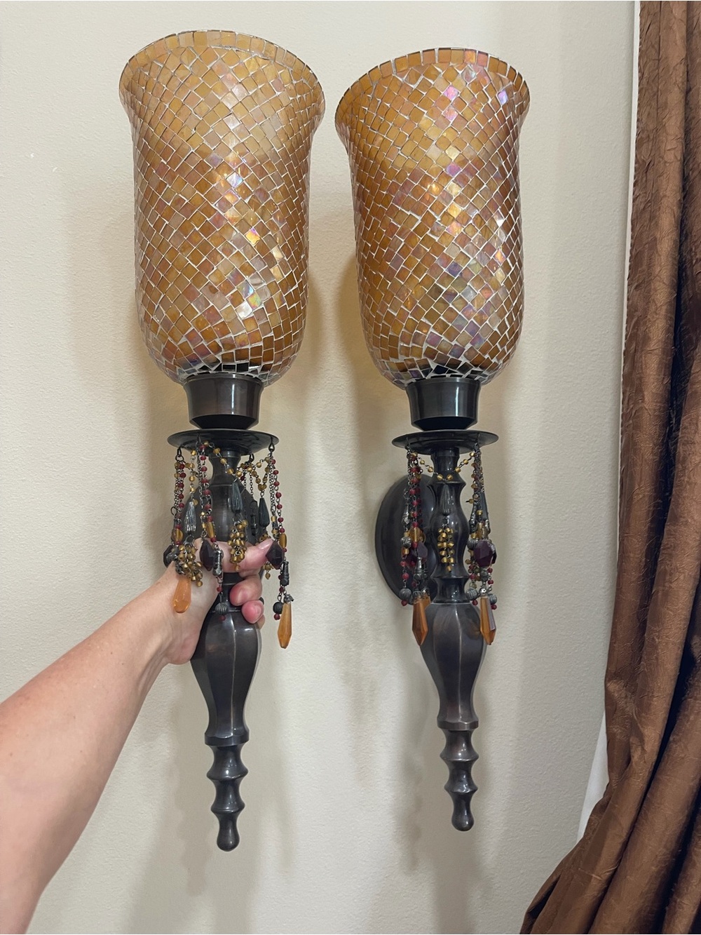 Amber Mosaic Glass Wall Sconce Pair with Beaded Accents
